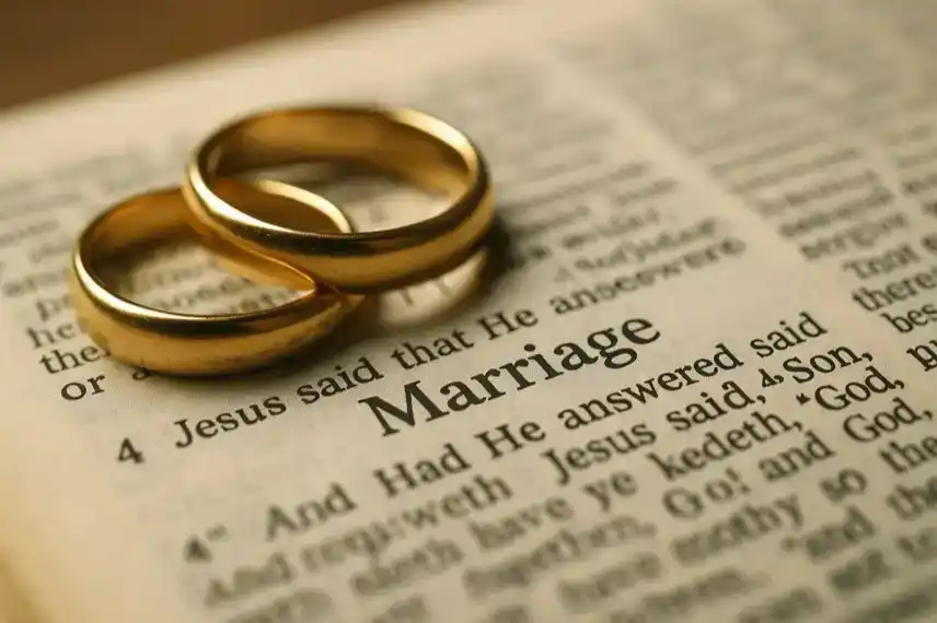 Zwei ineinanderliegende goldene Ringe liegen auf einer geöffneten Bibel, im Fokus steht das Wort „Marriage“.