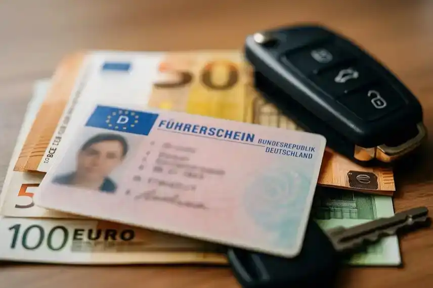 Deutscher Führerschein und Autoschlüssel liegen auf Euro-Geldscheinen auf einem Holztisch.