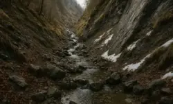 Ein steiler, felsiger Gebirgsgraben mit einem schmalen Bachlauf, umgeben von Felsen, Schnee und kahlen Bäumen im Hintergrund.