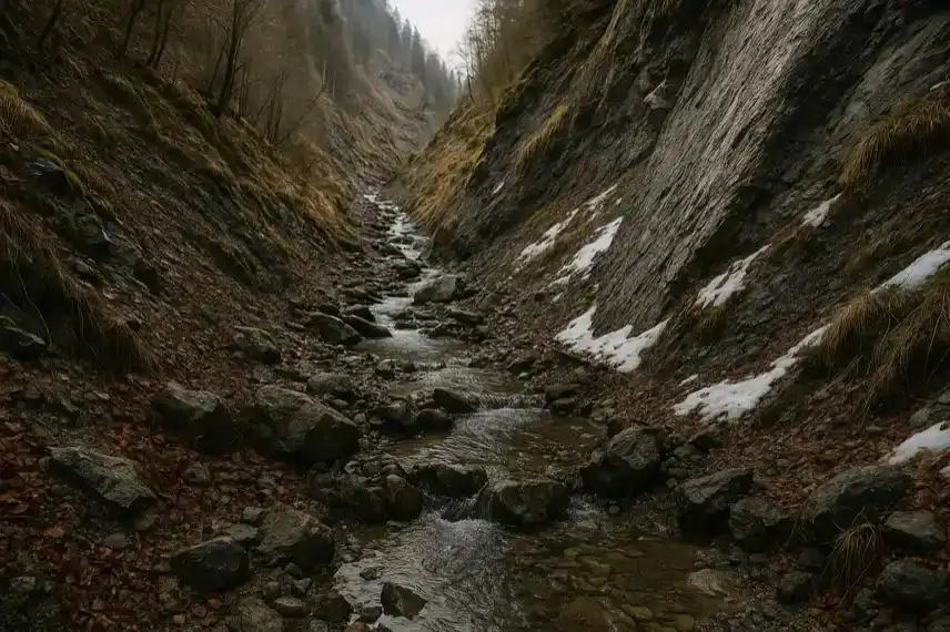 Ein steiler, felsiger Gebirgsgraben mit einem schmalen Bachlauf, umgeben von Felsen, Schnee und kahlen Bäumen im Hintergrund.