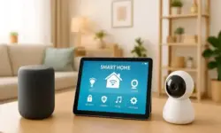 Ein hell beleuchtetes Wohnzimmer mit Smart-Home-Geräten, Lautsprecher, Tablet und Kamera, die zusammen ein vernetztes KI-System darstellen.