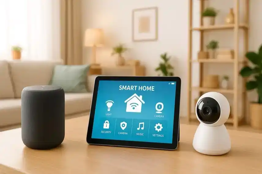 Ein hell beleuchtetes Wohnzimmer mit Smart-Home-Geräten, Lautsprecher, Tablet und Kamera, die zusammen ein vernetztes KI-System darstellen.