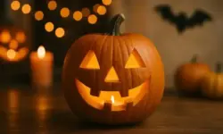Leuchtender geschnitzter Halloween-Kürbis mit Kerze auf Holztisch, im Hintergrund unscharfe Lichter und weitere Kürbisse.