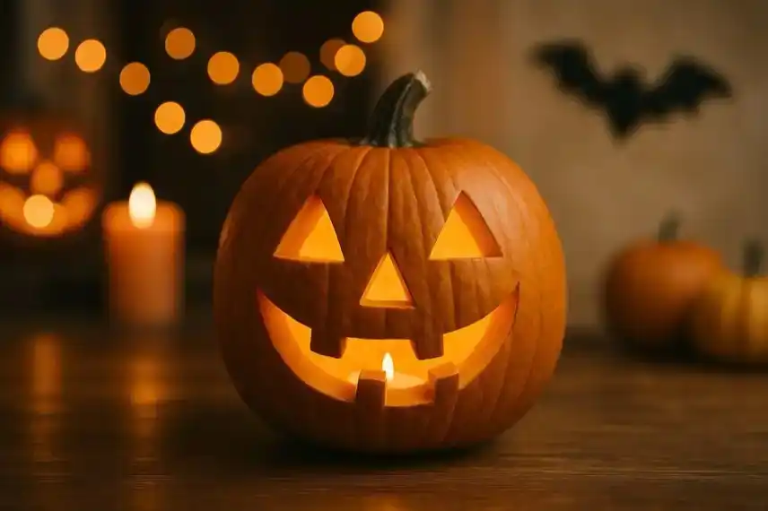 Leuchtender geschnitzter Halloween-Kürbis mit Kerze auf Holztisch, im Hintergrund unscharfe Lichter und weitere Kürbisse.