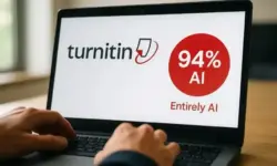 Laptop mit geöffnetem Prüfprogramm auf dem Bildschirm, Hände tippen auf der Tastatur, hell ausgeleuchtete Büroszene.
