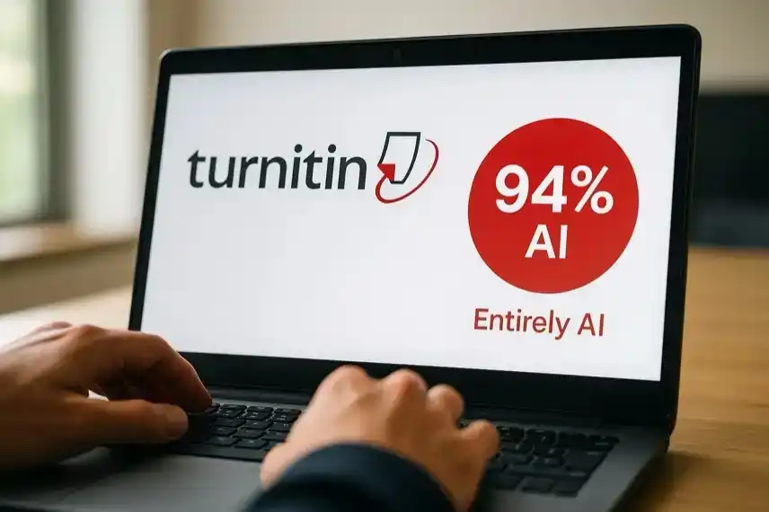 Laptop mit geöffnetem Prüfprogramm auf dem Bildschirm, Hände tippen auf der Tastatur, hell ausgeleuchtete Büroszene.