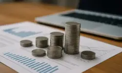 Gestapelte Münzen auf Finanzpapieren mit Diagrammen und einem unscharfen Laptop im Hintergrund.