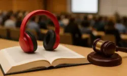 Aufgeschlagenes Buch mit roten Kopfhörern und einem Richterhammer auf einem Holztisch, im Hintergrund unscharfe Zuhörer in einem Saal.
