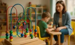 Ein Kita-Raum mit Holzspielzeug im Vordergrund und unscharf erkennter Erzieherin und Kind im Hintergrund, hell ausgeleuchtet.