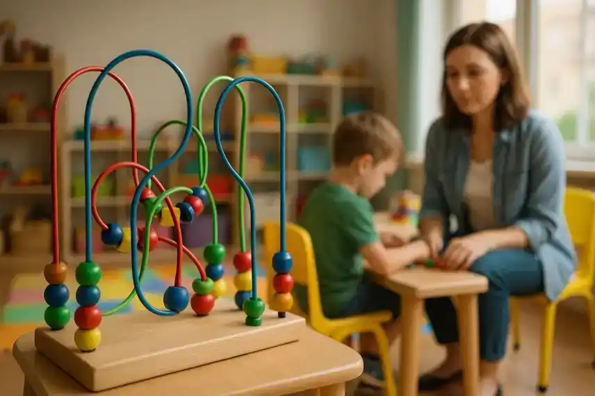 Ein Kita-Raum mit Holzspielzeug im Vordergrund und unscharf erkennter Erzieherin und Kind im Hintergrund, hell ausgeleuchtet.