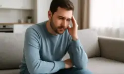 Ein Mann sitzt nachdenklich auf einem grauen Sofa in einem hellen Wohnzimmer, den Kopf in die Hand gestützt.