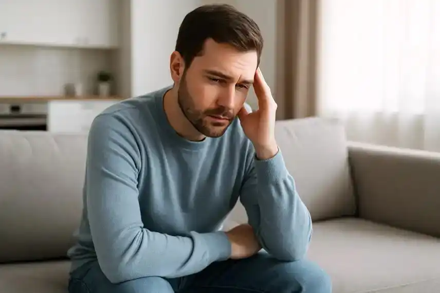 Ein Mann sitzt nachdenklich auf einem grauen Sofa in einem hellen Wohnzimmer, den Kopf in die Hand gestützt.