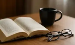 Ein geöffnetes Buch, eine schwarze Brille und eine schwarze Kaffeetasse auf einem Holztisch in natürlichem Licht.