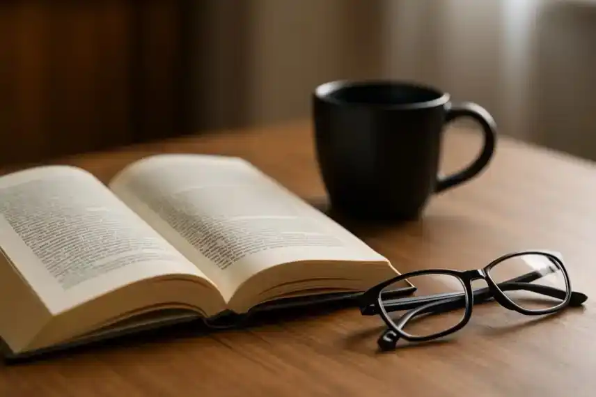 Ein geöffnetes Buch, eine schwarze Brille und eine schwarze Kaffeetasse auf einem Holztisch in natürlichem Licht.