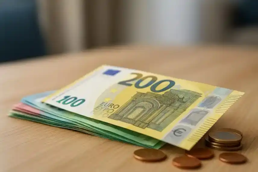 Ein Stapel verschiedener Euro-Banknoten und Münzen liegt auf einer Holzoberfläche, im Hintergrund unscharf ein heller Raum.