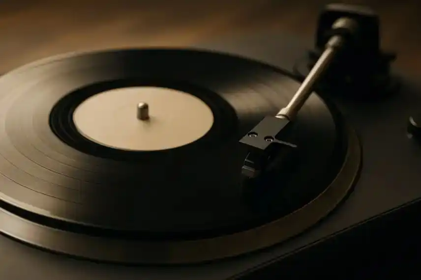 Nahaufnahme eines Plattenspielers mit aufgelegter Vinyl-Schallplatte und Tonarm bei natürlicher Beleuchtung.