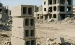 Ein Stapel aus vier Betonsteinen steht im Vordergrund, im Hintergrund sind unscharf zerstörte Gebäude und Trümmer einer Stadt zu sehen.