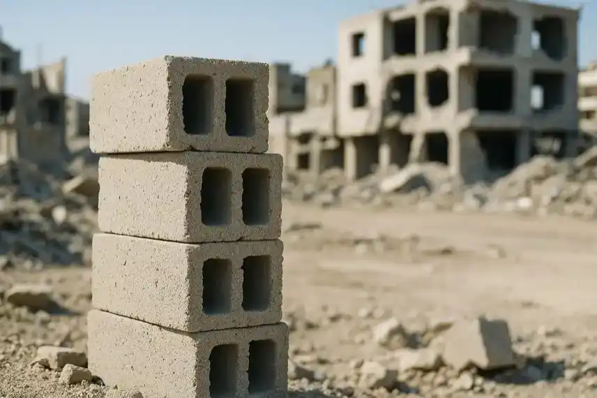 Ein Stapel aus vier Betonsteinen steht im Vordergrund, im Hintergrund sind unscharf zerstörte Gebäude und Trümmer einer Stadt zu sehen.