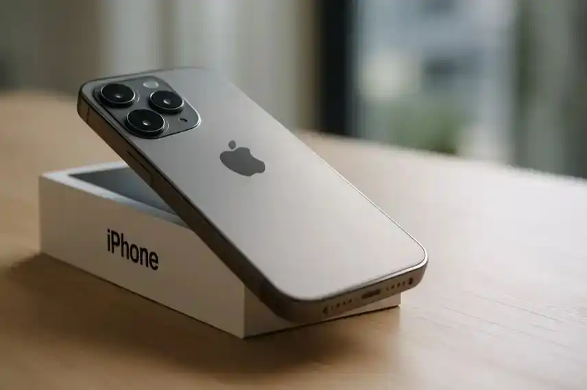 Ein silbernes iPhone liegt schräg auf einer weißen Box auf einem Holztisch, im Hintergrund ein heller Raum mit unscharfer Tiefe.