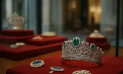 Nahaufnahme einer Diamant- und Smaragddiadem sowie weiterer Schmuckstücke auf rotem Samt in einer Museumsvitrine.