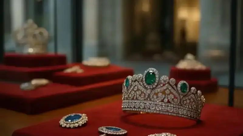 Nahaufnahme einer Diamant- und Smaragddiadem sowie weiterer Schmuckstücke auf rotem Samt in einer Museumsvitrine.