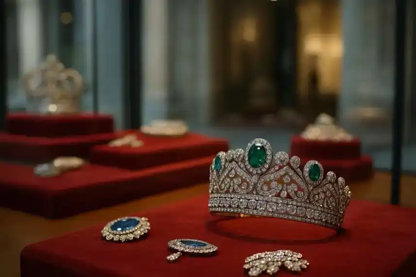 Nahaufnahme einer Diamant- und Smaragddiadem sowie weiterer Schmuckstücke auf rotem Samt in einer Museumsvitrine.