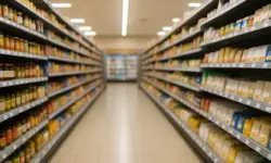 Supermarktgang mit beidseitig gefüllten Regalen, hell ausgeleuchtet und in realistischer Tiefenschärfe fotografiert.