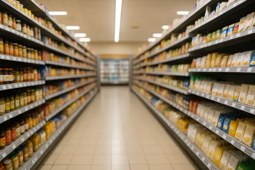 Supermarktgang mit beidseitig gefüllten Regalen, hell ausgeleuchtet und in realistischer Tiefenschärfe fotografiert.