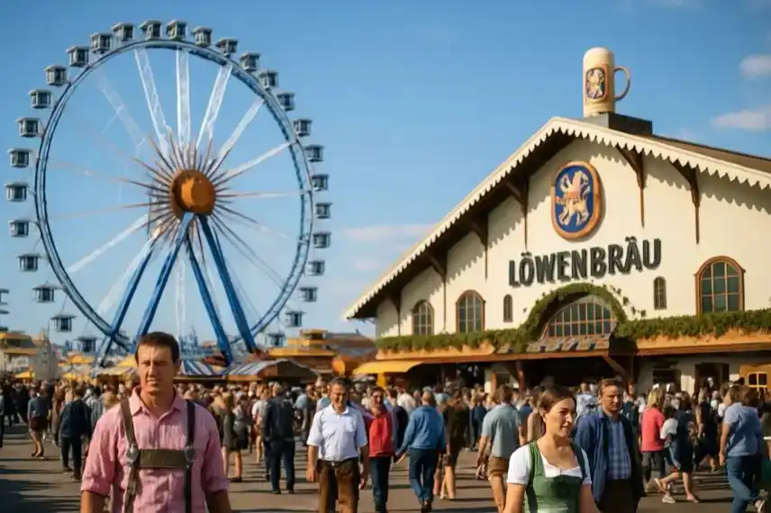 Fotorealistisches Symbolbild des Oktoberfests 2025 mit Riesenrad und Festhalle, nachgestellt zur Illustration der Debatte um Verlängerung des Volksfests.