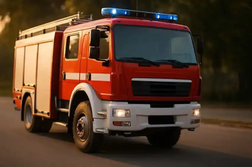 Rotes Feuerwehrauto vor Flammen und Rauchwolke, stellvertretend für den Großbrand im Freiburger Industriegebiet Hochdorf.