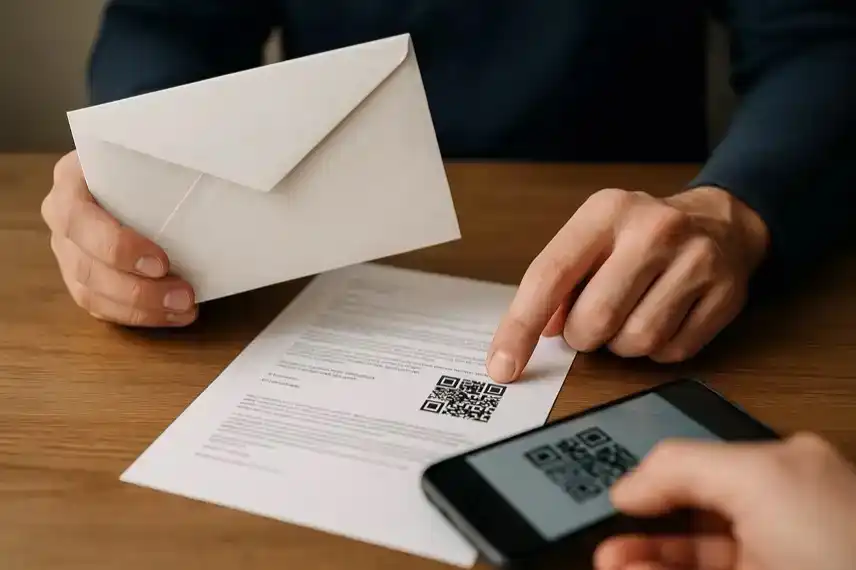 Anwaltsschreiben mit QR-Code: Nachgestellte Szene mit Brief und Smartphone, die den Betrug mit gefälschten QR-Codes veranschaulicht.
