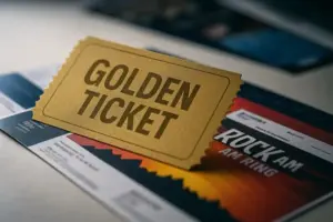 Symbolbild eines goldenen Festival-Tickets mit Aufschrift „Golden Ticket“ als Nachstellung für das BILD-Gewinnspiel zu Rock am Ring.