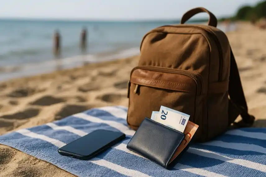 Diebstahl Tollensesee Neubrandenburg – unbeaufsichtigte Wertsachen wie Smartphone, Geldbörse und Schlüssel am Strand.