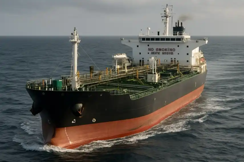 Fotorealistisches eines großen Öltankers auf dem Meer, als Illustration für Artikel über französisches Militär und Schattenflotte.