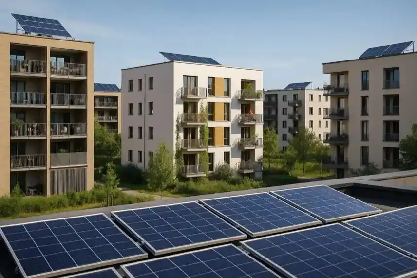 modernes Stadtquartier mit Solardächern und grünen Freiflächen als Darstellung für das Projekt Stuttgart Stadtquartier 2050.
