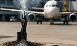 Fotorealistisches Symbolbild eines Kabelbrands am Flughafen Stuttgart mit rauchenden Kabeln im Vordergrund und einem Flugzeug im Hintergrund.