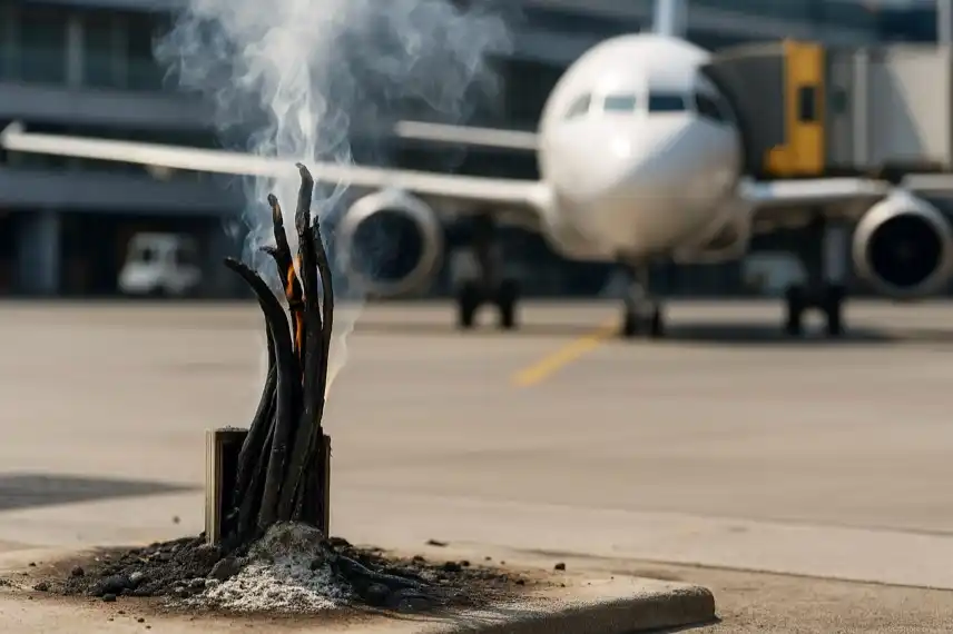 Fotorealistisches Symbolbild eines Kabelbrands am Flughafen Stuttgart mit rauchenden Kabeln im Vordergrund und einem Flugzeug im Hintergrund.