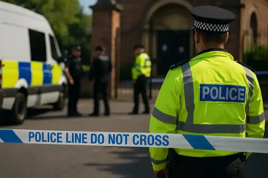 Polizeieinsatz mit Absperrband vor einem Gebäude in Manchester, aufgenommen als fotorealistische Nachstellung zum Messerangriff vor einer Synagoge.
