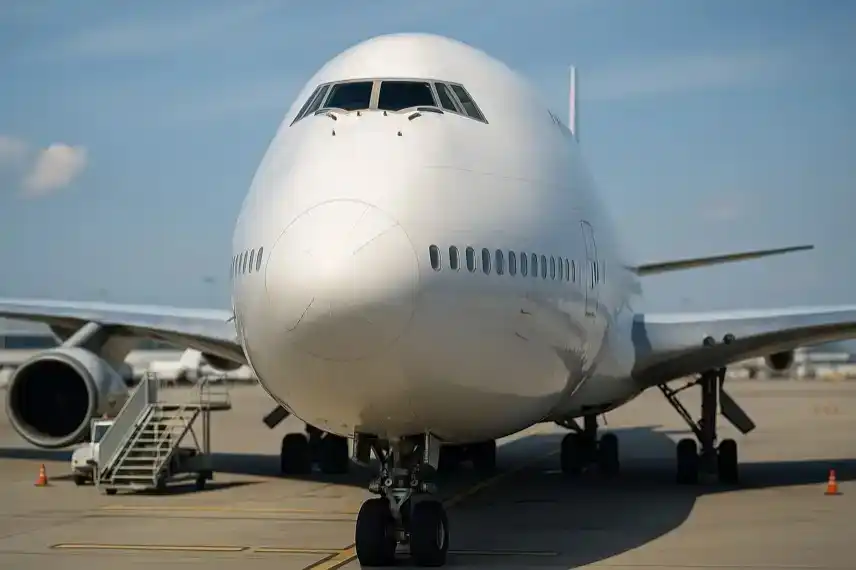Frontansicht einer großen Boeing 747 auf einem Flughafenrollfeld bei Tageslicht, mit klarer Tiefenschärfe und sichtbarem Fahrwerk.