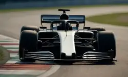 Ein silbernes Formel-1-Auto fährt auf einer sonnigen Rennstrecke, im Hintergrund ist die Strecke leicht unscharf zu sehen.