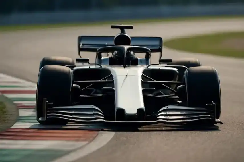Ein silbernes Formel-1-Auto fährt auf einer sonnigen Rennstrecke, im Hintergrund ist die Strecke leicht unscharf zu sehen.
