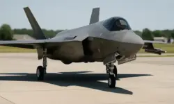 Ein grauer F-35-Kampfjet steht auf einem sonnigen Rollfeld mit unscharfem Hintergrund aus Wiese und Gebäuden.