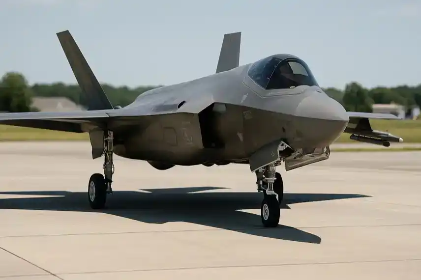 Ein grauer F-35-Kampfjet steht auf einem sonnigen Rollfeld mit unscharfem Hintergrund aus Wiese und Gebäuden.