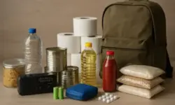 Ein Notfallset auf einem Tisch mit Rucksack, Konservendosen, Wasserflaschen, Batterien, Radio und Lebensmitteln.