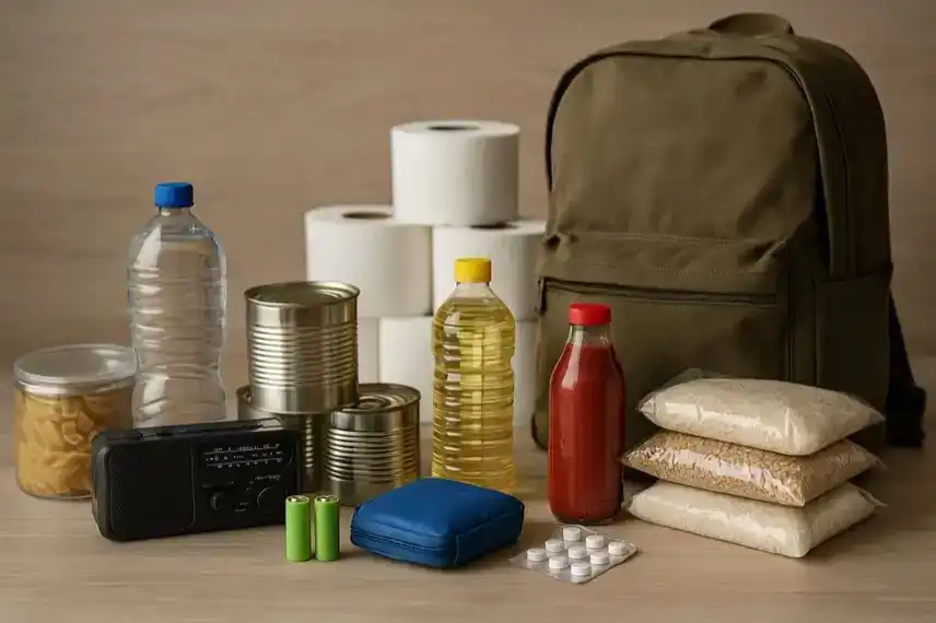 Ein Notfallset auf einem Tisch mit Rucksack, Konservendosen, Wasserflaschen, Batterien, Radio und Lebensmitteln.