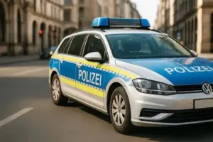 Deutsches Polizeiauto mit blauer und gelber Beschriftung „Polizei“, geparkt auf einer sonnigen Stadtstraße mit Gebäuden im Hintergrund.