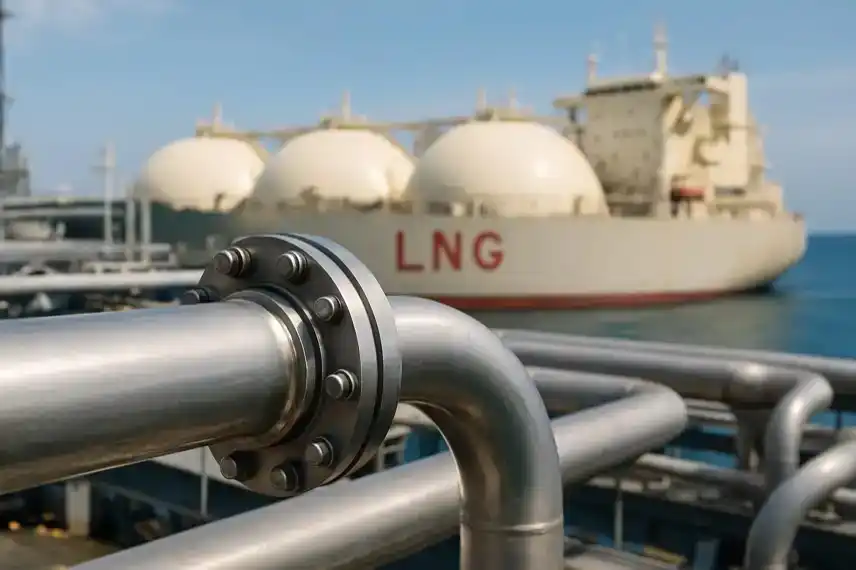 Nahaufnahme einer silbernen Gasleitung mit Schraubverbindung, im Hintergrund ein LNG-Tankschiff im Hafen bei Tageslicht.