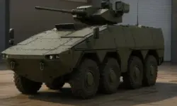 Ein olivgrüner Radschützenpanzer steht auf nasser Betonfläche vor einem grauen Industriegebäude mit Metalltor.