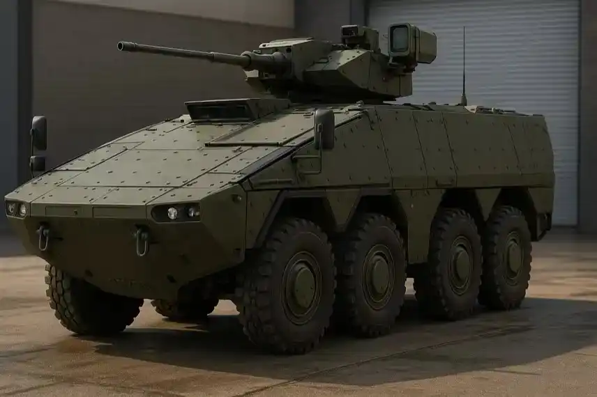 Ein olivgrüner Radschützenpanzer steht auf nasser Betonfläche vor einem grauen Industriegebäude mit Metalltor.