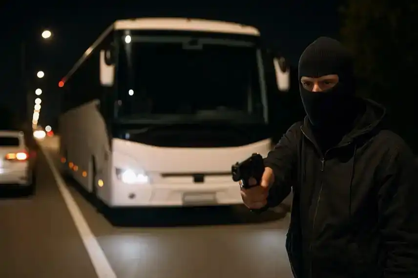 Ein maskierter Mann steht nachts vor einem weißen Reisebus auf einer Straße und hält eine Waffe in der Hand.